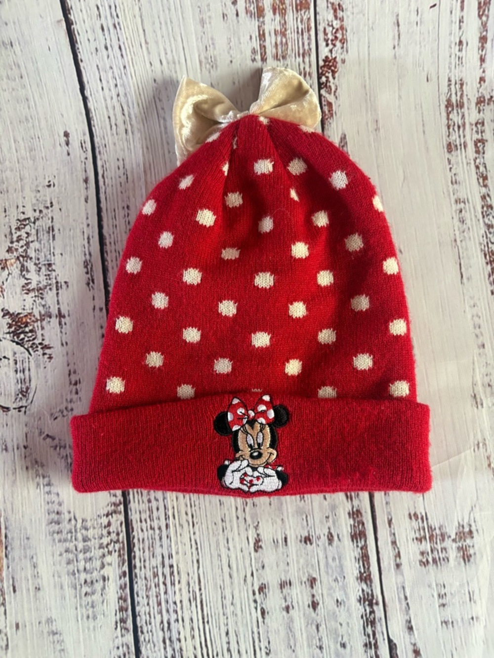 Disney Red and White Polka Dot Minnie Mouse Knit Beanie with Gold Bow